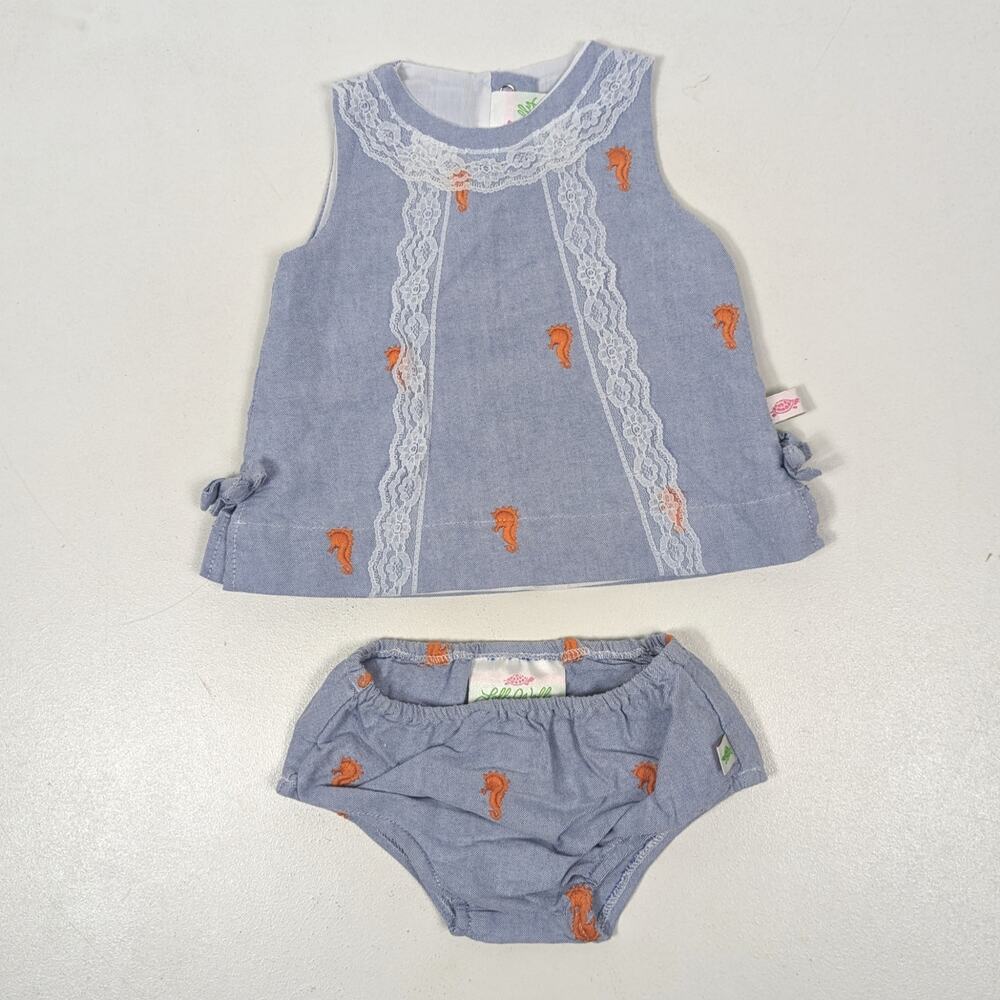 Lolly Wolly Doodle Dress Baby Girls Size 0-3m Blue Seahorse Embroidered Boutique